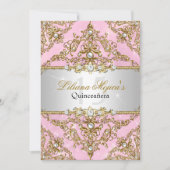 Gold & Roze Pearl Damask Quinceanera Invite Kaart (Voorkant)