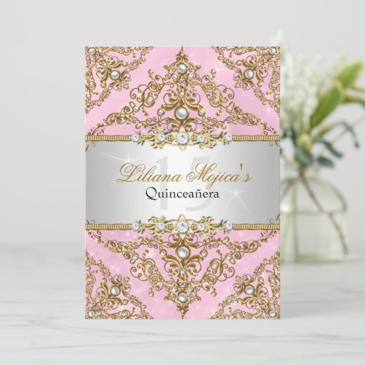 Gold & Roze Pearl Damask Quinceanera Invite Kaart (Staand voorkant)
