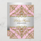 Gold & Roze Pearl Damask Quinceanera Invite Kaart (Voorkant / Achterkant)