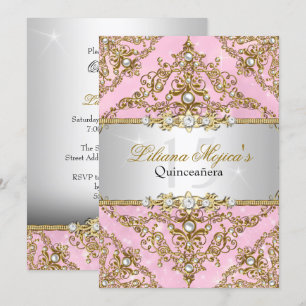 Gold & Roze Pearl Damask Quinceanera Invite Kaart