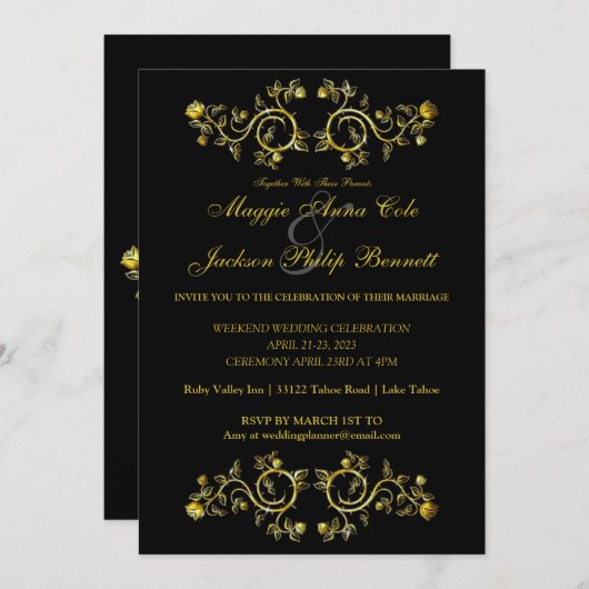 Gold Rozen Border Weduwen Uitnodiging (Voorkant / Achterkant)