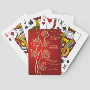 Gold rozen, confetti on red 50th Jubileum Pokerkaarten