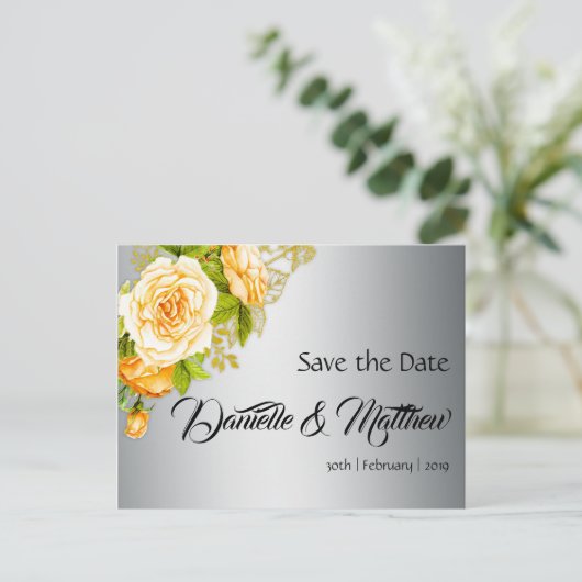 Gold Rozen en zilveren bruiloft sparen de Datum Aankondigingskaart (Staand voorkant)