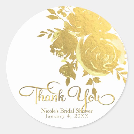 Gold Rozen Faux Folie Elegant Moderne Floral Weddi Ronde Sticker (Voorkant)