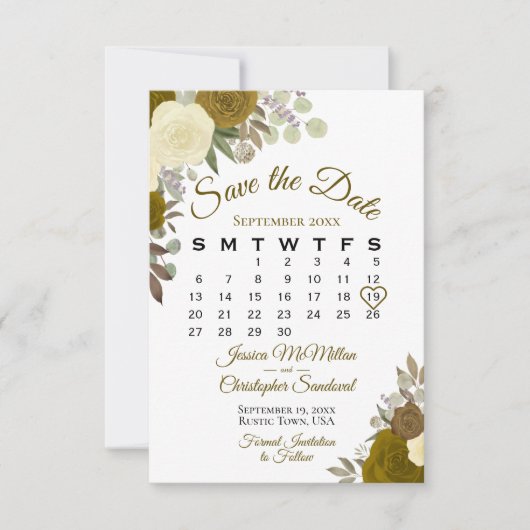 Gold Rozen Floral Elegant Boho Wedding Calendar Save The Date (Voorkant)