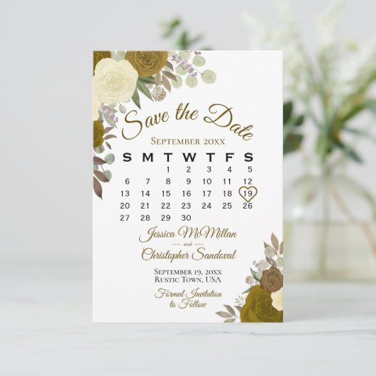 Gold Rozen Floral Elegant Boho Wedding Calendar Save The Date (Staand voorkant)