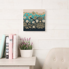 Gold Rozen met Turquoise Background Wall Clock Vierkante Klok