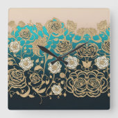 Gold Rozen met Turquoise Background Wall Clock Vierkante Klok (Voorkant)