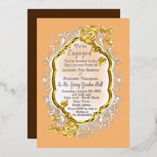 Gold Rozen op een gouden lijst met witte kant. FOL Folie Uitnodiging