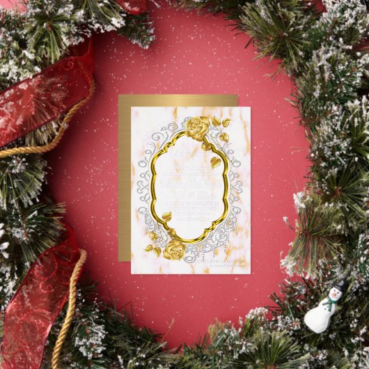 Gold Rozen op een gouden lijst met witte kant. Folie Uitnodiging (Insitu)