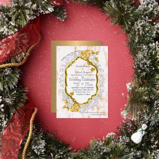 Gold Rozen op een gouden lijst met witte kant. Folie Uitnodiging (Insitu)