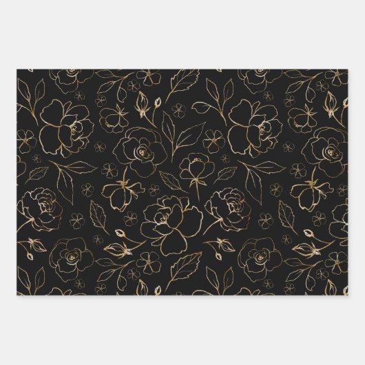Gold-rozen op een zwarte papierflatset van 3 inpakpapier vel (Voorkant)