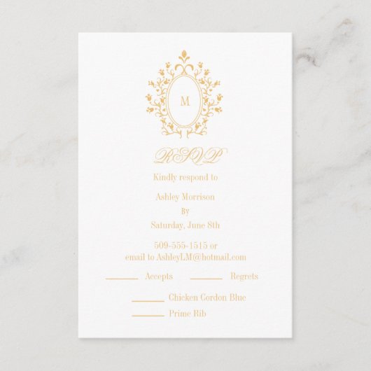 Gold RSVP card Monogram With 2 Entree Choice Informatiekaartje (Voorkant)