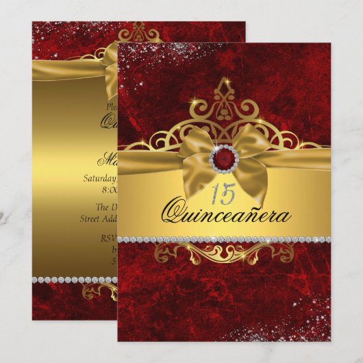 Gold Ruby Red Quinceanera Uitnodigen Kaart (Voorkant / Achterkant)