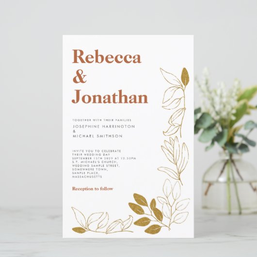 Gold Rust Leaf Terracotta Paper Wedding Invitation (Staand voorkant)