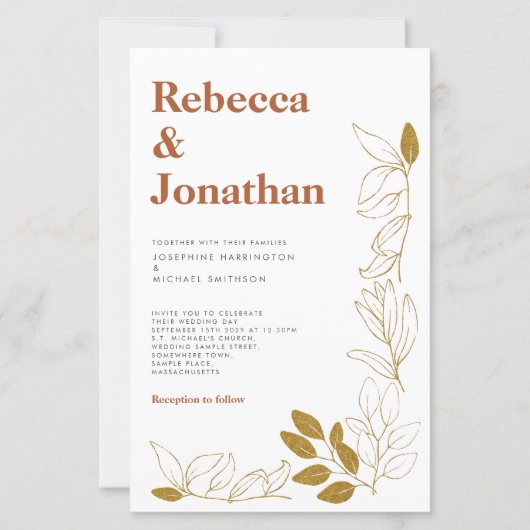 Gold Rust Leaf Terracotta Paper Wedding Invitation (Voorkant)