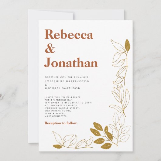 Gold Rust Leaf Terracotta Wedding Invitation Kaart (Voorkant)