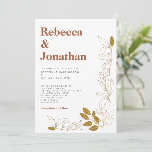 Gold Rust Leaf Terracotta Wedding Invitation Kaart (Staand voorkant)
