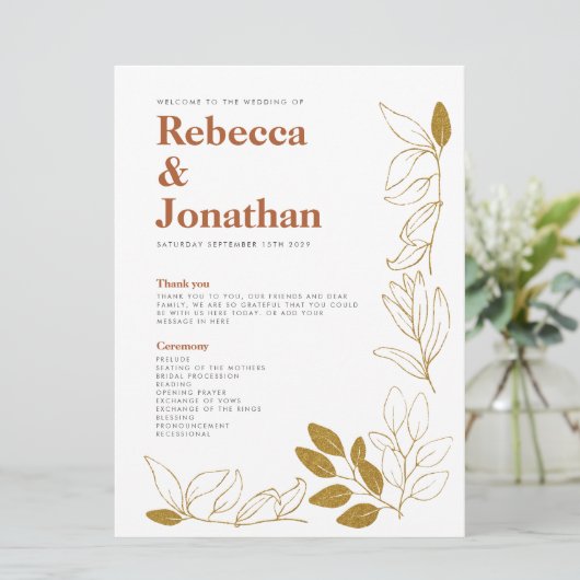 Gold Rust Leaf Terracotta Wedding Program Card Programmakaart (Staand voorkant)