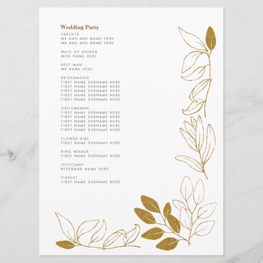 Gold Rust Leaf Terracotta Wedding Program Card Programmakaart (Achterkant)
