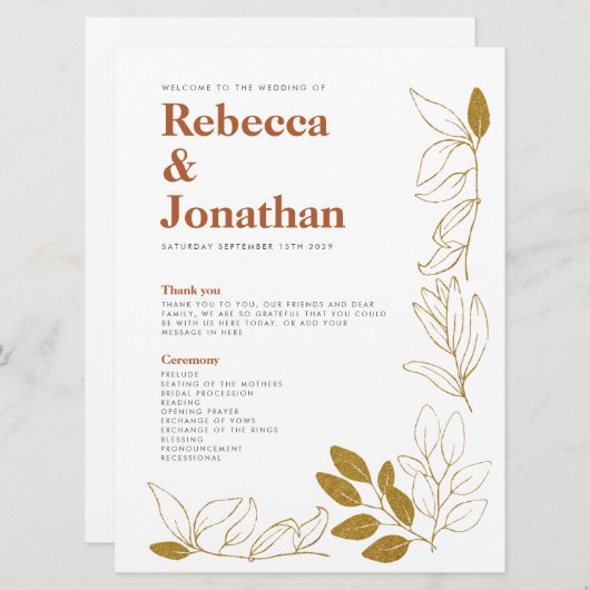 Gold Rust Leaf Terracotta Wedding Program Card Programmakaart (Voorkant / Achterkant)