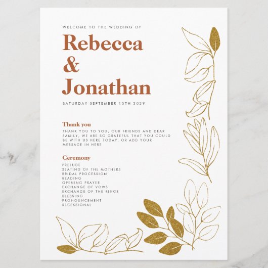 Gold Rust Leaf Terracotta Wedding Program Card Programmakaart (Voorkant)