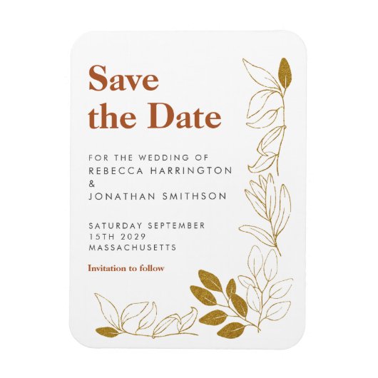 Gold Rust Leaf Terracotta Wedding Save the Date Magneet (Verticaal)
