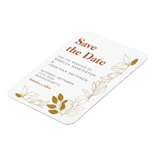 Gold Rust Leaf Terracotta Wedding Save the Date Magneet (Linkerzijde)