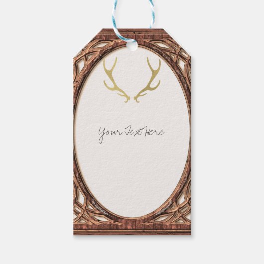 Gold Rustic Antlers Glam Farmhouse Wood Weddenscha Cadeaulabel (Voorkant)