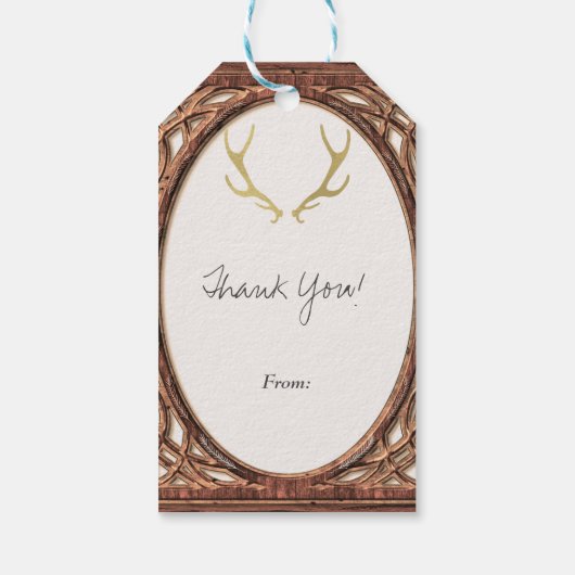 Gold Rustic Antlers Glam Farmhouse Wood Weddenscha Cadeaulabel (Achterkant)