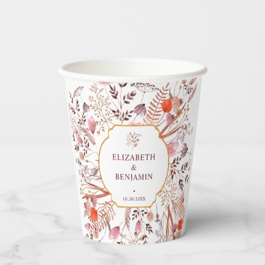 Gold Rustic Boho Chic Herfst Wildflowers Wedding Papieren Bekers (Achterkant)