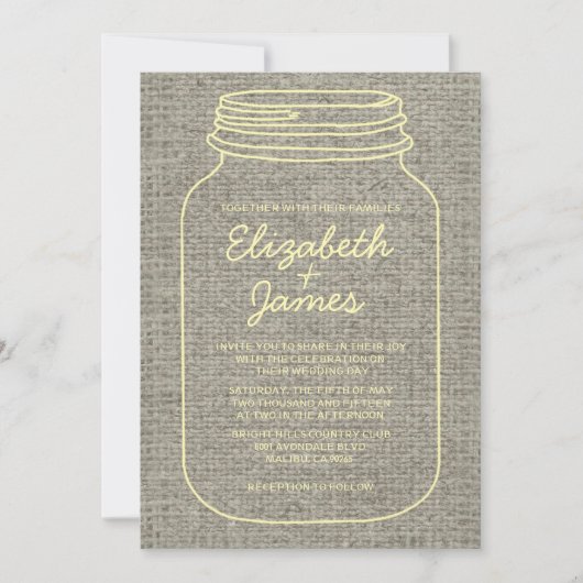 Gold Rustic Burlap Mason Jar Wedding Invitations Kaart (Voorkant)