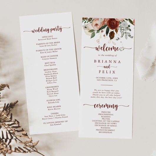 Gold Rustic Colorful Floral Calligraphy Wedding Programmakaart