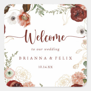 Gold Rustic Colorful Floral Wedding Welkom Vierkante Sticker