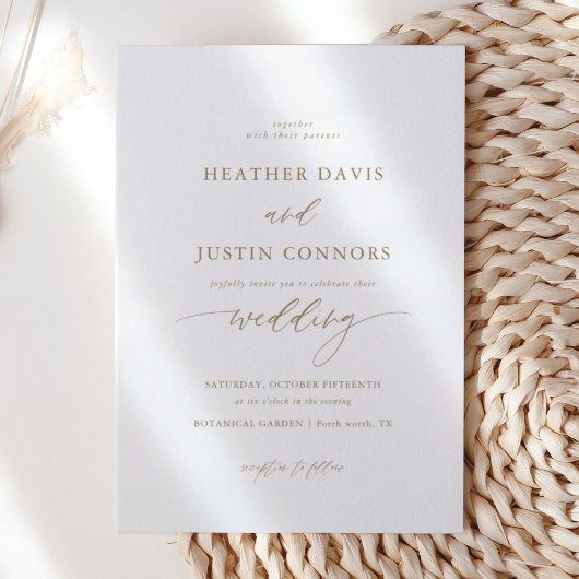 Gold Rustic Elegant Calligraphy Wedding Invitation Kaart