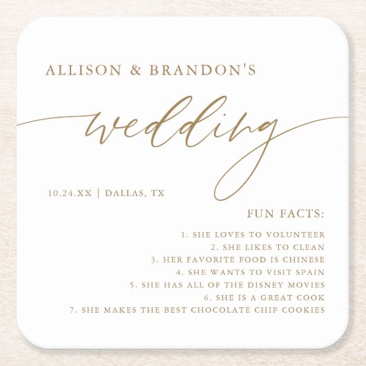 Gold Rustic Elegant Wedding Fun Facts Napkins Kartonnen Onderzetters (Voorkant)