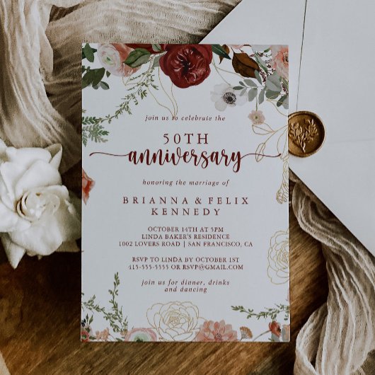Gold Rustic Floral 50th Wedding Jubileum Kaart