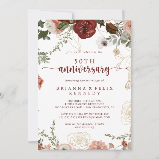 Gold Rustic Floral 50th Wedding Jubileum Kaart (Voorkant)