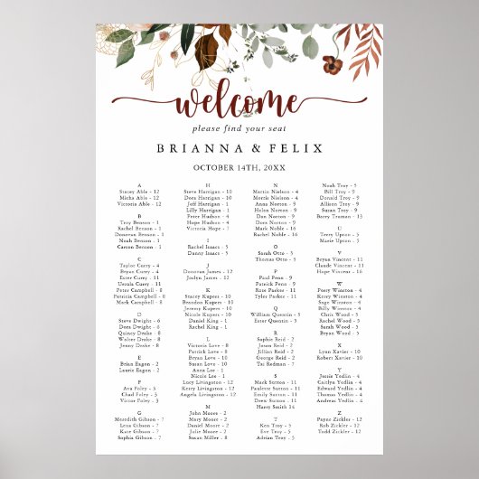 Gold Rustic Floral Alfabetical Seating Chart Poster (Voorkant)