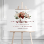 Gold Rustic Floral Engagement Party - Welkom Poster<br><div class="desc">Dit gouden plechtige pleidooi voor bloedige verloving is een goed poster voor een hedendaagse viering van het verloving. Het ontwerp is voorzien van met de hand geschilde marsala, roze, wazige, Bourgogne en goudbloemen met groene bladeren die in prachtige worsten zijn gerangschikt. Maak tot dit poster uw door de naam van...</div>