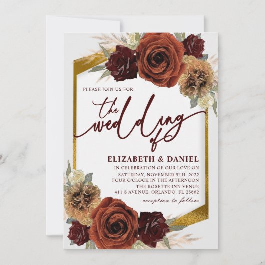 Gold Rustic Floral Pampas Grass Wedding Kaart (Voorkant)