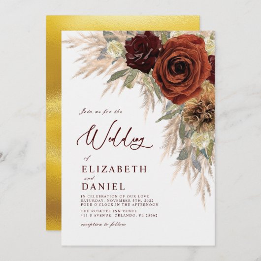 Gold Rustic Floral Pampas Grass Wedding Kaart (Voorkant / Achterkant)