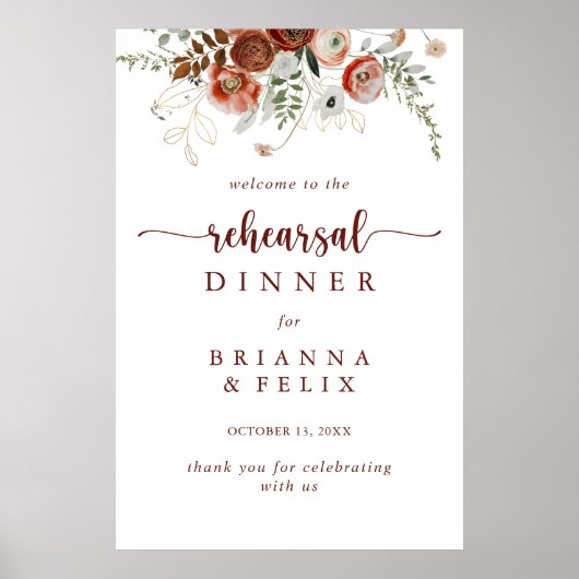 Gold Rustic Floral Rehearsal Dinner Welcome Sign Poster (Voorkant)