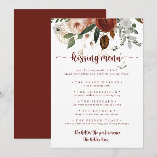 Gold Rustic Floral Wedding Kissing Menu Game Card (Voorkant / Achterkant)