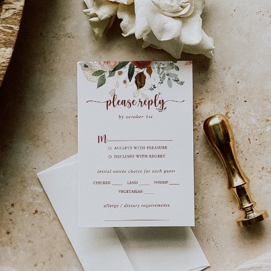 Gold Rustic Floral Wedding Menu Keuze RSVP