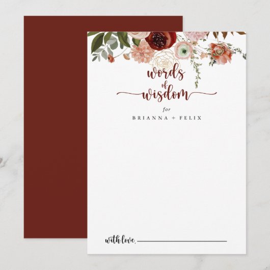 Gold Rustic Floral Wedding Words of Wisdom Advieskaart (Voorkant / Achterkant)