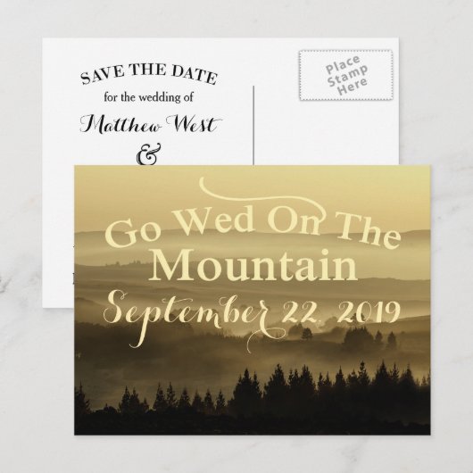 Gold Rustic Mountain Wedding Bewaar de datum Aankondigingskaart (Voorkant / Achterkant)