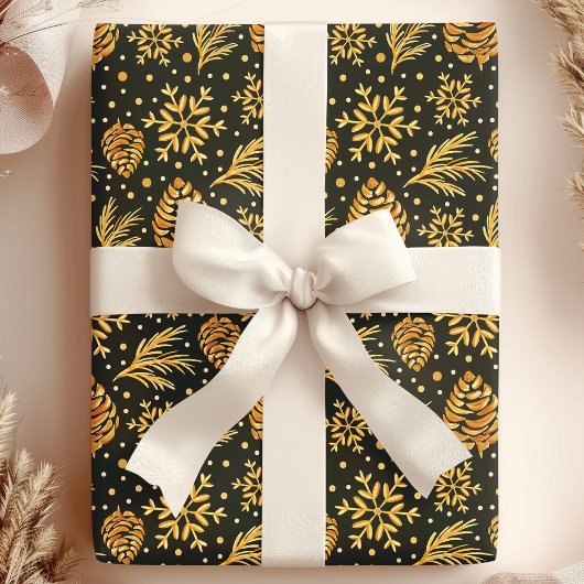 Gold Rustic Pine Cone Green Holiday Kerstmis Cadeaupapier