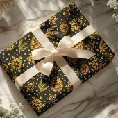 Gold Rustic Pine Cone Green Holiday Kerstmis Cadeaupapier