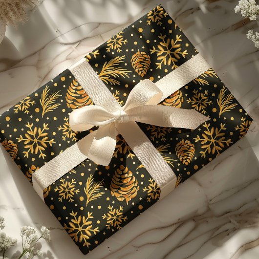 Gold Rustic Pine Cone Green Holiday Kerstmis Cadeaupapier